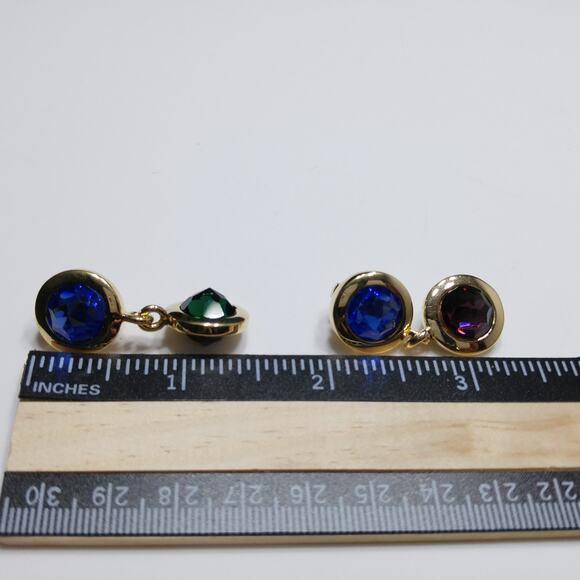 Swarovski Gold Plated Drop Earrings, Blue Green Purple Crystals, 1990s Swan Logo - Picture 10 of 10